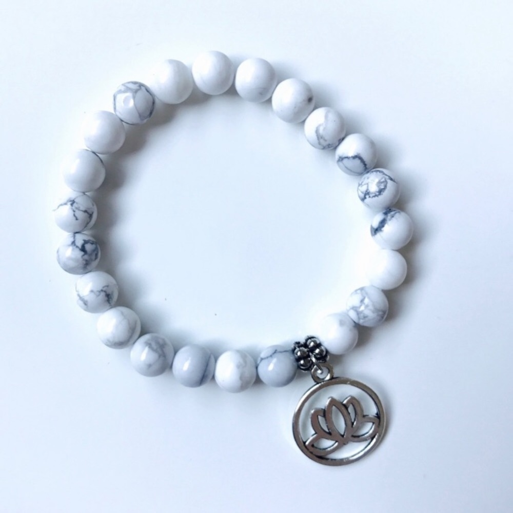 White Howlite Stone & Sacred Lotus Mala Bracelet